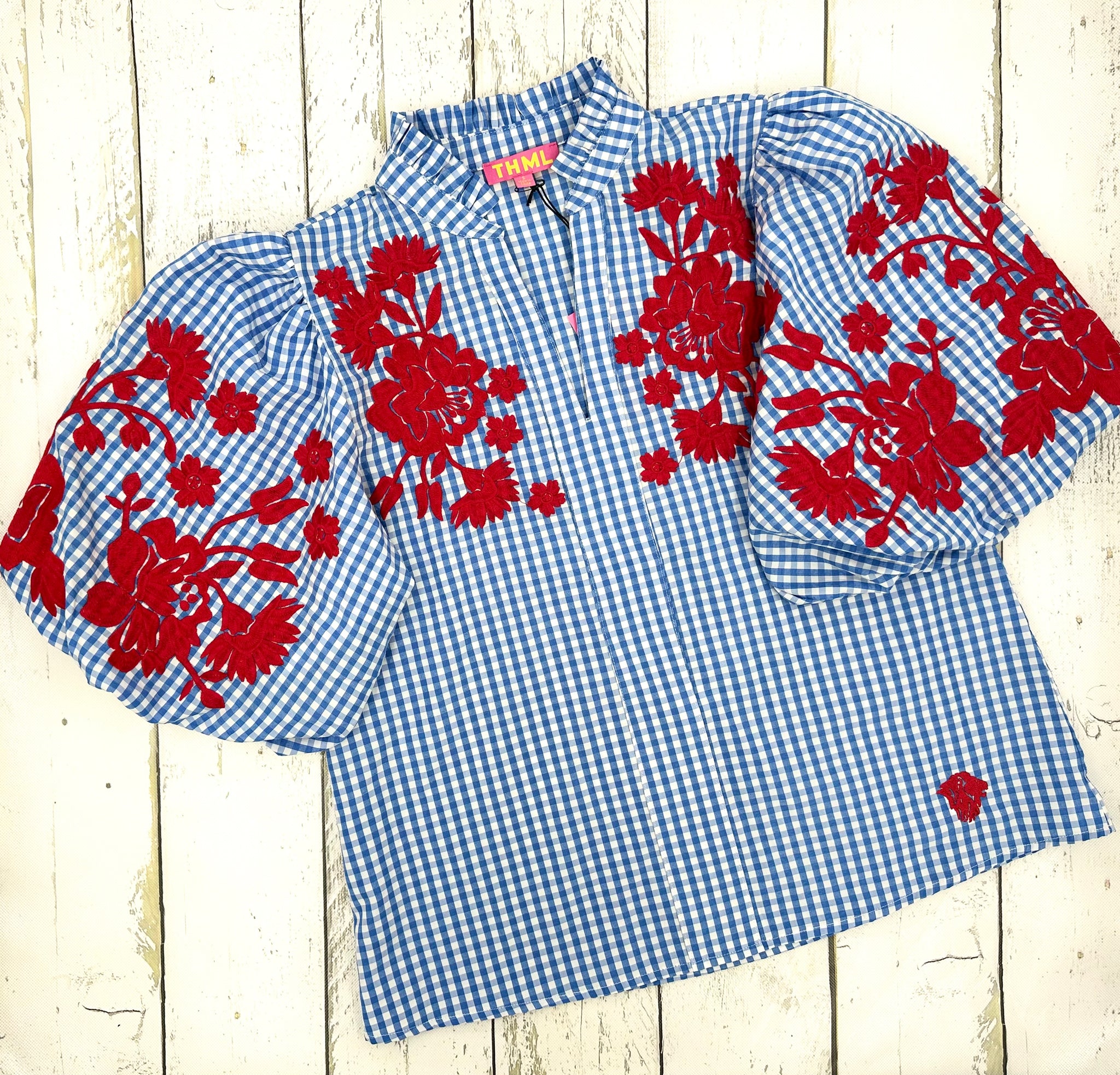 Embroidered Puff Sleeve Gingham Top