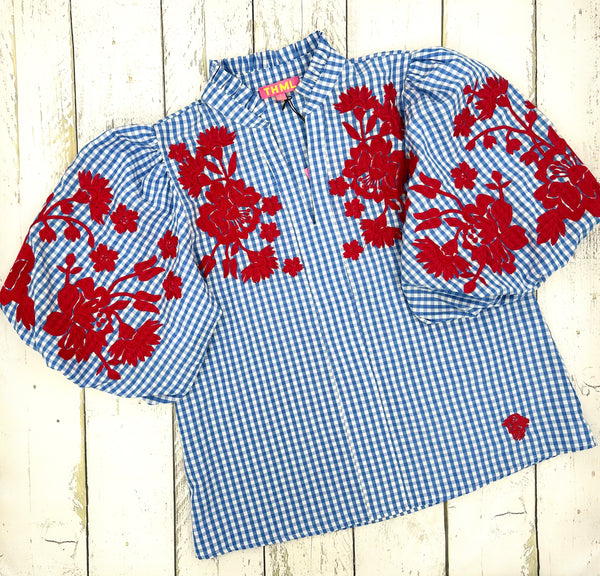 Embroidered Puff Sleeve Gingham Top