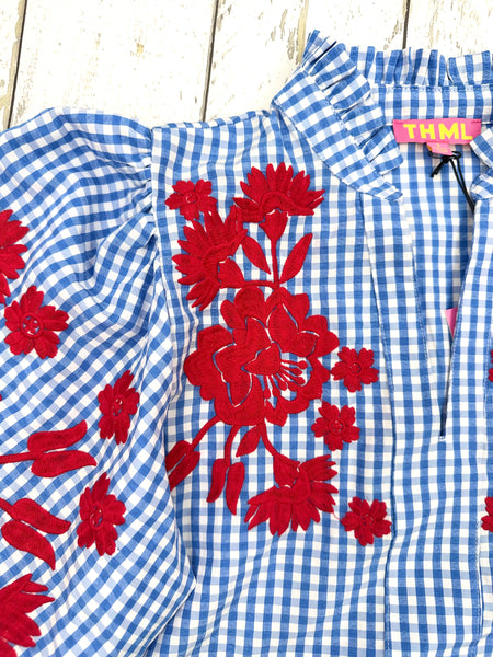 Embroidered Puff Sleeve Gingham Top